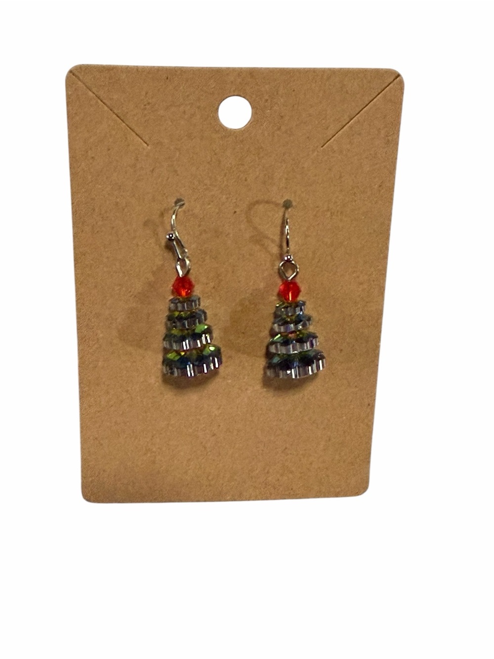 Handmade Green Christmas Tree Beaded Drop Earrings with Red Accent